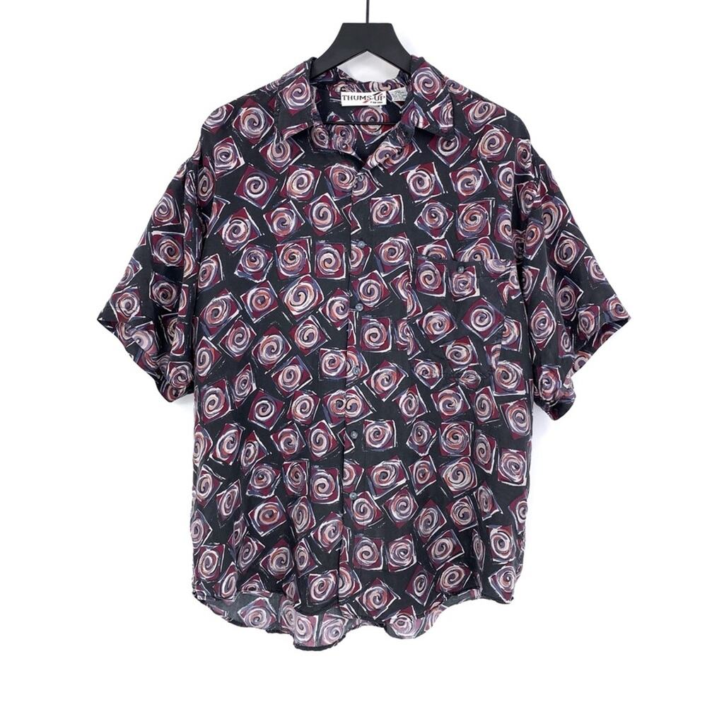 VTG THUMS UP For Him Silk Button Down Casual Shirt Grey Red Orange XL